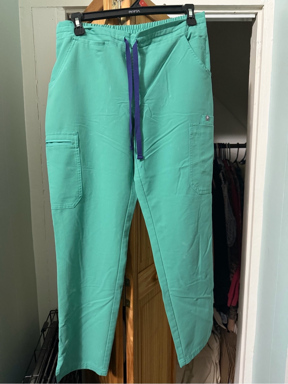 Figs Women's Surgical Green Drawstring Cargo Pants with Blue Tie
